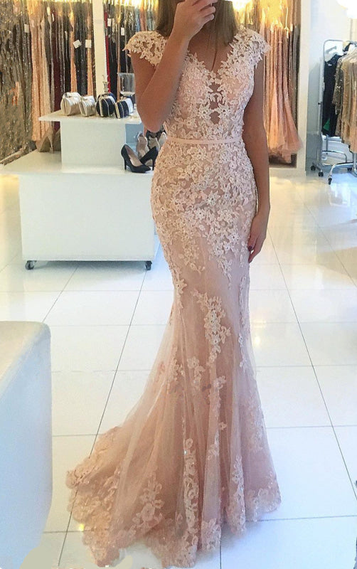 Cap Sleeve Mermaid Prom Dress with Appliques