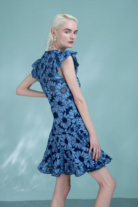 Cap Sleeves Blue Sunflowers Lace Dress Casual Wear Formal Dress - Dresses