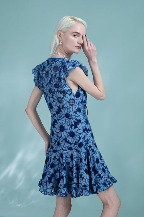 Cap Sleeves Blue Sunflowers Lace Dress Casual Wear Formal Dress - Dresses