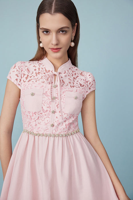 Cap Sleeves Pink Lace-trimmed Crepe Mini dress Daily Wear Dress - Dresses