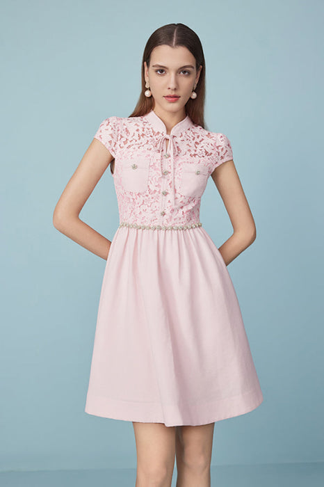 Cap Sleeves Pink Lace-trimmed Crepe Mini dress Daily Wear Dress - Dresses