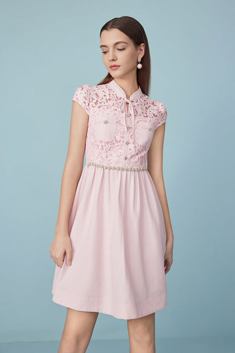 Cap Sleeves Pink Lace-trimmed Crepe Mini dress Daily Wear Dress - Dresses
