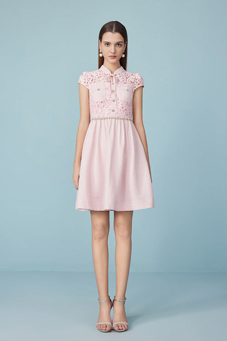 Cap Sleeves Pink Lace-trimmed Crepe Mini dress Daily Wear Dress - Pink / S - Dresses
