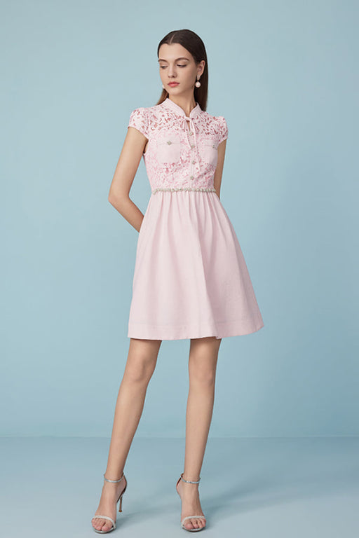 Cap Sleeves Pink Lace-trimmed Crepe Mini dress Daily Wear Dress - Dresses