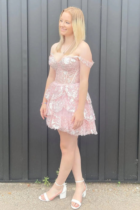 Sparkly Red Corset Tiered Lace A-Line Short Homecoming Prom Dress