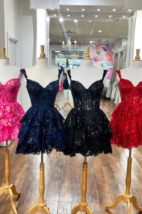 Sparkly Red Corset Tiered Lace A-Line Short Homecoming Prom Dress