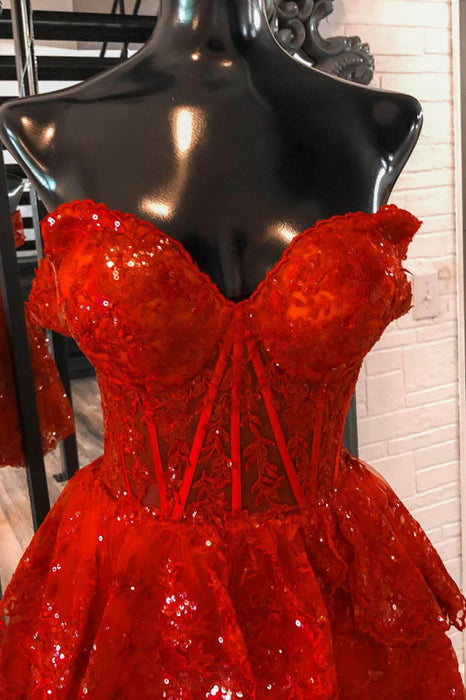 Sparkly Red Corset Tiered Lace A-Line Short Homecoming Prom Dress