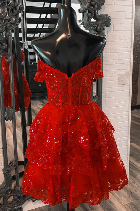 Sparkly Red Corset Tiered Lace A-Line Short Homecoming Prom Dress