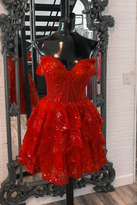 Sparkly Red Corset Tiered Lace A-Line Short Homecoming Prom Dress