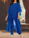 Royal blue chiffon pantsuit with a cape overlay and beaded neckline