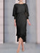 Black chiffon tea length dress with a cape overlay