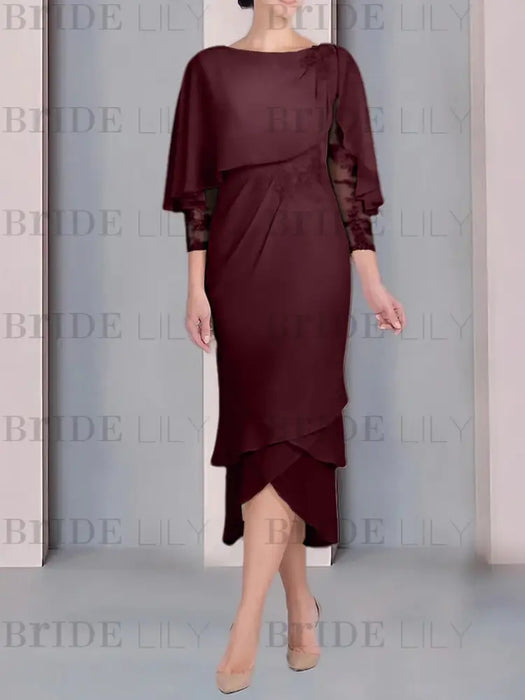 Burgundy chiffon tea length dress with a cape overlay