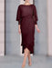 Burgundy chiffon tea length dress with a cape overlay