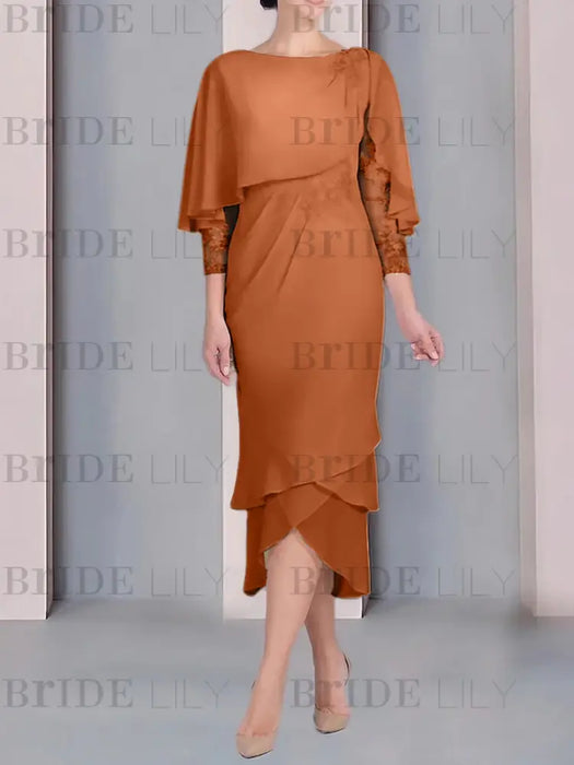 Burnt Orange chiffon mother of the bride tea length dress with cape overlay