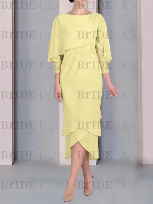Canary chiffon mother of the bride tea length dress with cape overlay