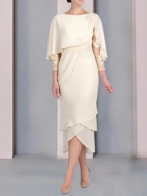 Champagne chiffon tea length dress with a cape overlay