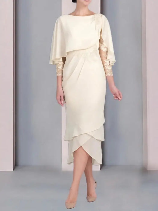 Champagne chiffon tea length dress with a cape overlay
