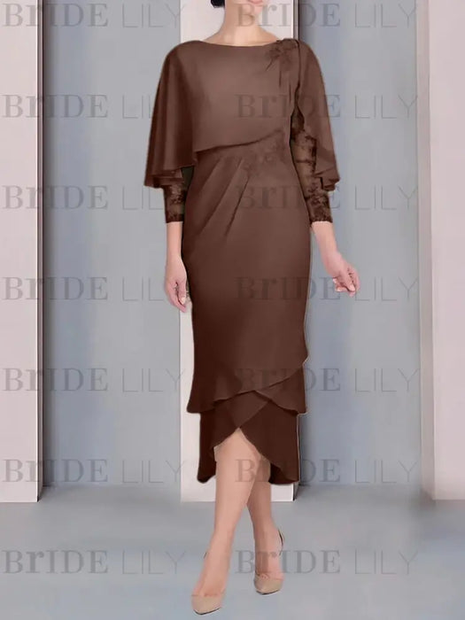 Chocolate brown chiffon tea length dress with a cape overlay