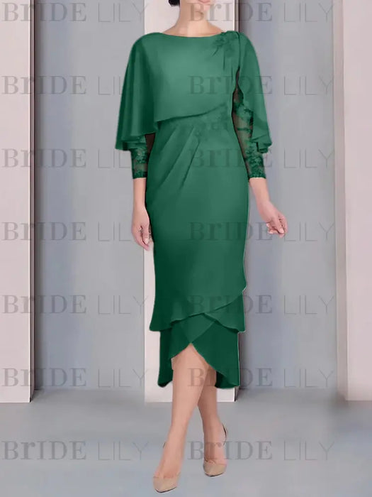 Dark Green chiffon mother of the bride tea length dress with cape overlay