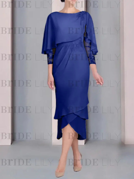 Dark Royal Blue chiffon mother of the bride tea length dress with cape overlay