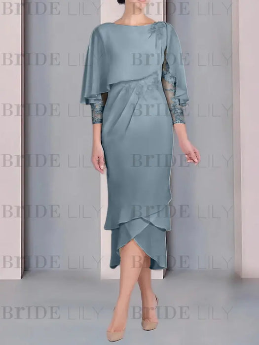 Dusty Blue chiffon mother of the bride tea length dress with cape overlay