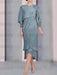 Dusty Blue chiffon mother of the bride tea length dress with cape overlay