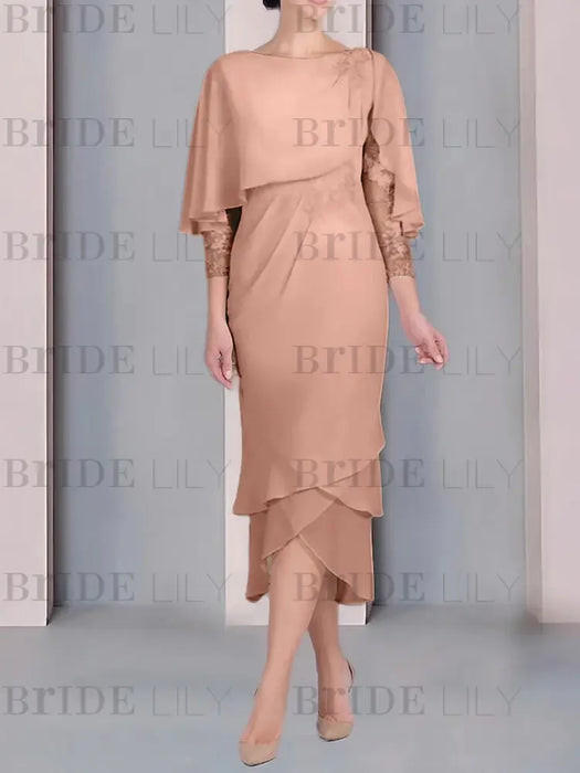 Dusty Rose chiffon mother of the bride tea length dress with cape overlay
