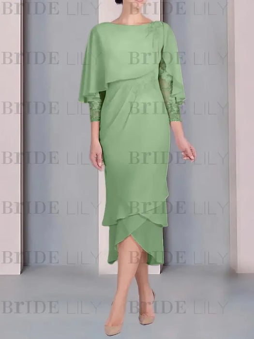 Dusty Sage chiffon mother of the bride tea length dress with cape overlay