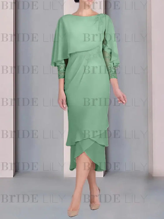 Eucalyptus chiffon mother of the bride tea length dress with cape overlay