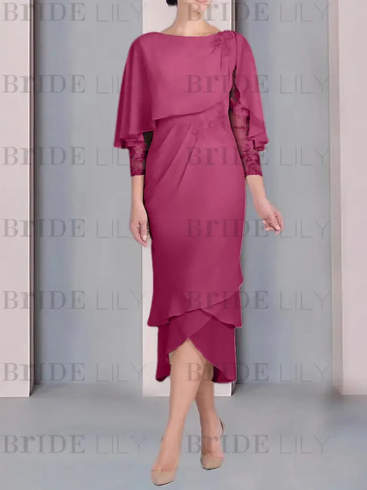 Fuchsia chiffon mother of the bride tea length dress with cape overlay
