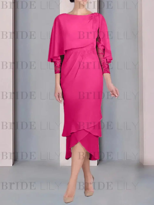 Fuchsia Pink chiffon mother of the bride tea length dress with cape overlay