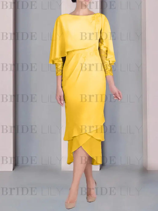 Gold chiffon mother of the bride tea length dress with cape overlay