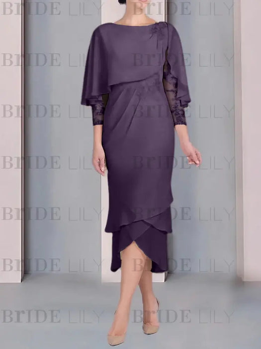 Grape chiffon mother of the bride tea length dress with cape overlay