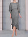 Gray chiffon mother of the bride tea length dress with cape overlay