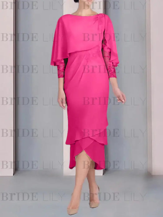 Hot Pink chiffon mother of the bride tea length dress with cape overlay