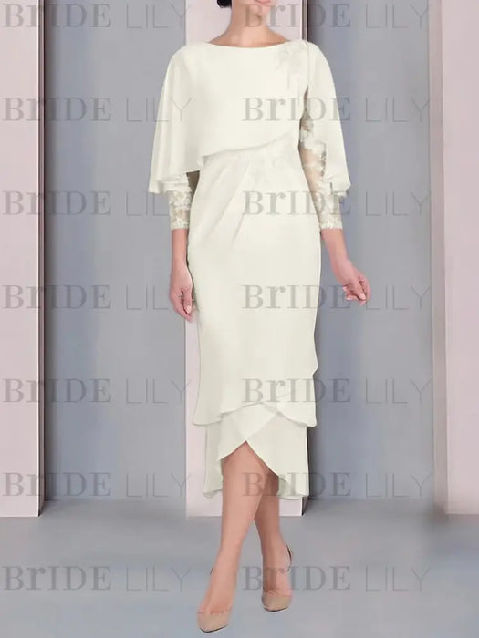 Ivory chiffon mother of the bride tea length dress with cape overlay