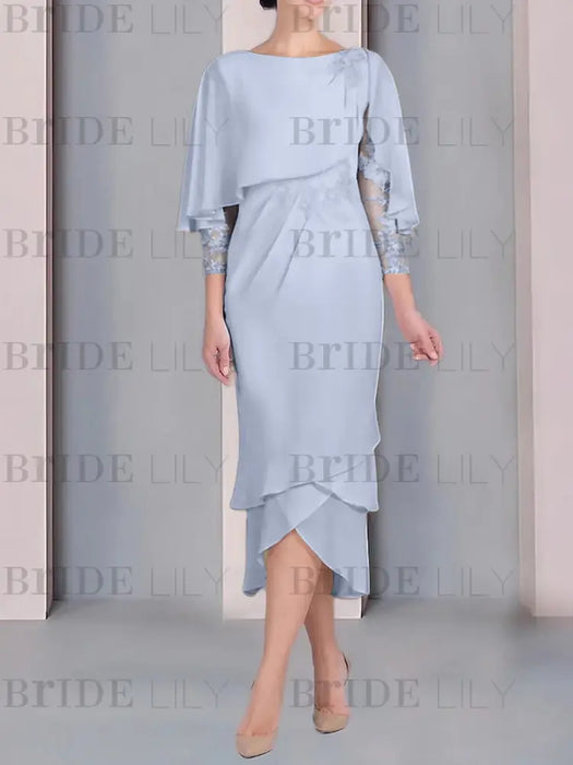 Lavender chiffon mother of the bride tea length dress with cape overlay