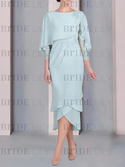 Light Blue chiffon mother of the bride tea length dress with cape overlay