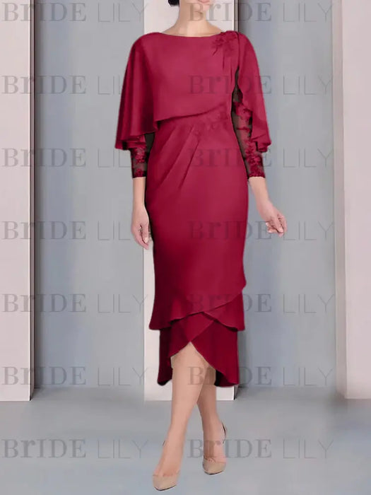 Light Burgundy chiffon mother of the bride tea length dress with cape overlay