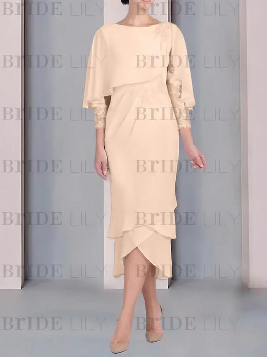 Light Champagne chiffon mother of the bride tea length dress with cape overlay