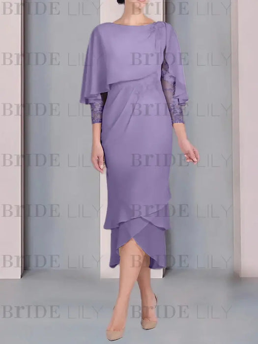 Light Purple chiffon mother of the bride tea length dress with cape overlay