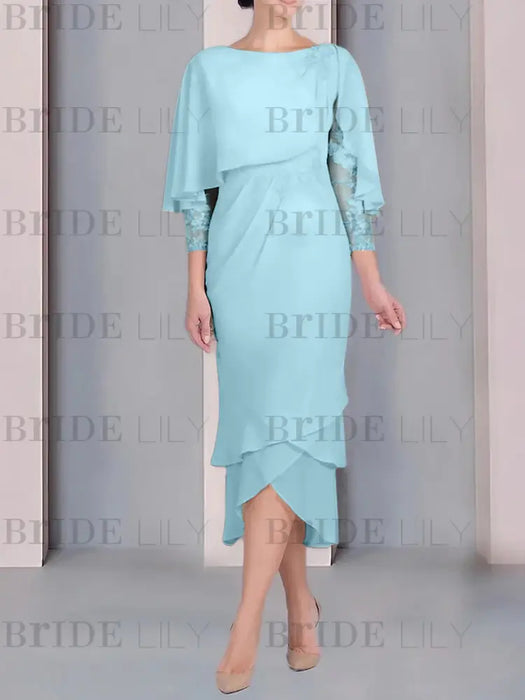 Light Sky Blue chiffon mother of the bride tea length dress with cape overlay