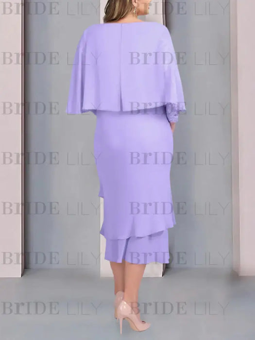 Back of the lilac chiffon cape dress with a tiered hem