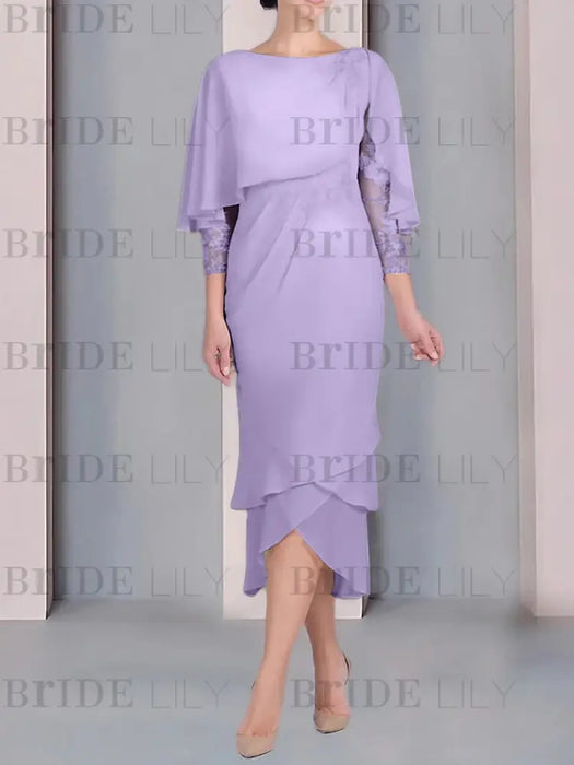 Lilac chiffon mother of the bride tea length dress with cape overlay