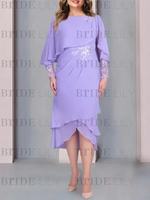 Lilac chiffon cape dress worn by a curve model