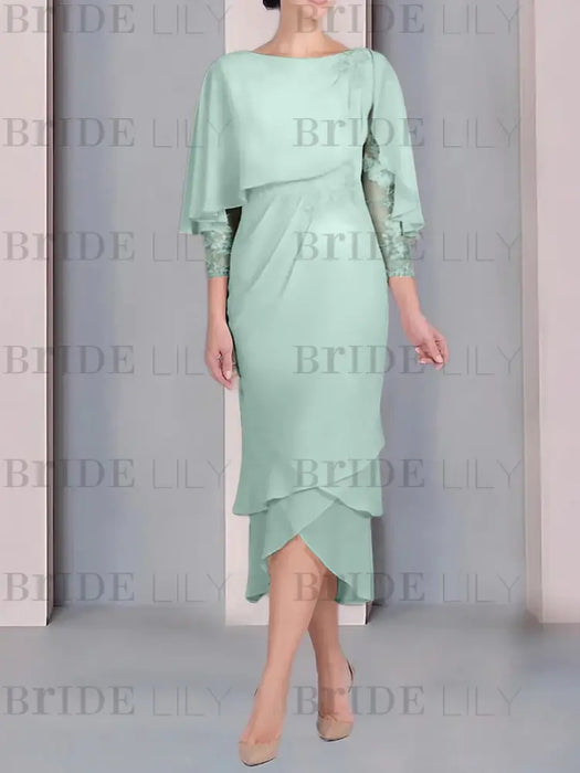Mist Blue chiffon mother of the bride tea length dress with cape overlay