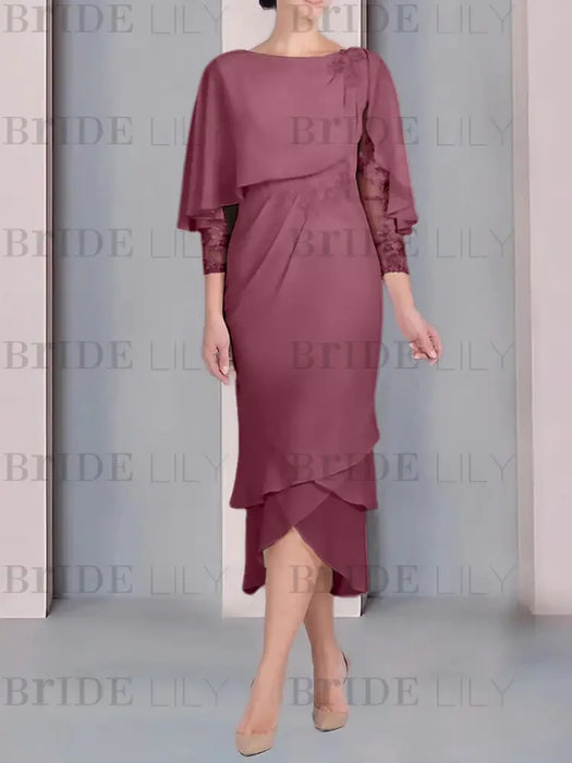 Mulberry chiffon mother of the bride tea length dress with cape overlay