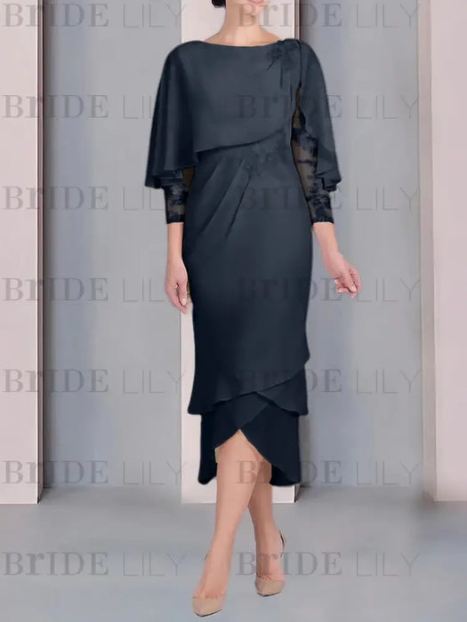 Navy Blue chiffon mother of the bride tea length dress with cape overlay