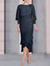 Navy Blue chiffon mother of the bride tea length dress with cape overlay
