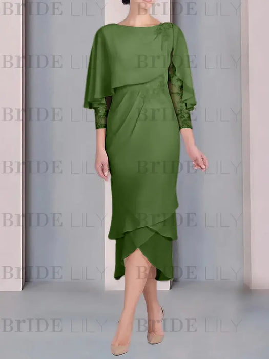 Olive Green chiffon mother of the bride tea length dress with cape overlay